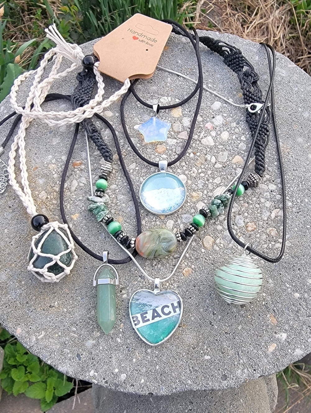Handcrafted Set Of 7 Beach Cabachon Pendant & Stone Necklaces